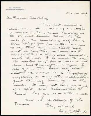 Judd, Charles Hubbard, 1873-1946 autograph letter signed to Hugo Münsterberg, New Haven, Conn., 26 December 1907