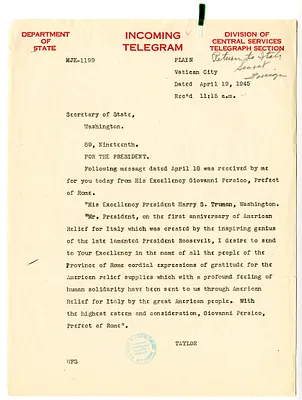 Telegram from Myron Taylor to Secretary of State Edward Stettinius