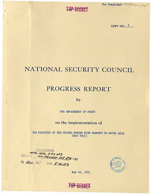 National Security Council Progress Report by the Department of State on the Implementation of the Position of the United States with Respect to South Asia (NSC 98/1)