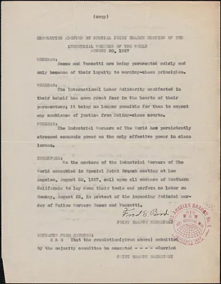 Fred S. Bird (Industrial Workers of the World. Los Angeles Branch) typed resolution (copy), Los Angeles, Calif., August 20, 1927