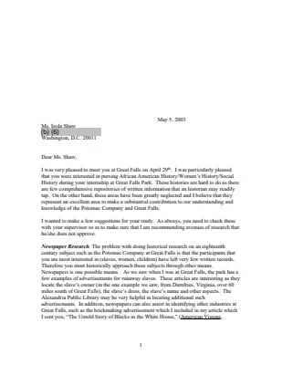 Letter to Izola Shaw From Dr. Dr. Robert J. Kapsch Research Advice, May 5, 2003
