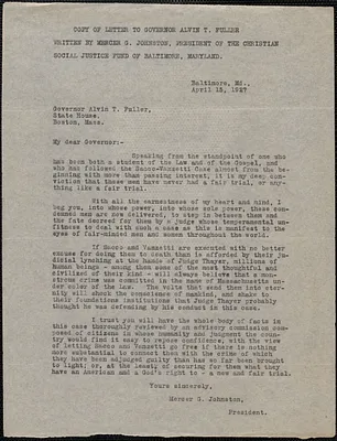 Mercer G. Johnston (The Christian Social Justice Fund of Baltimore) typed letter to Alvan T. Fuller, Baltimore, Md., April 15, 1927