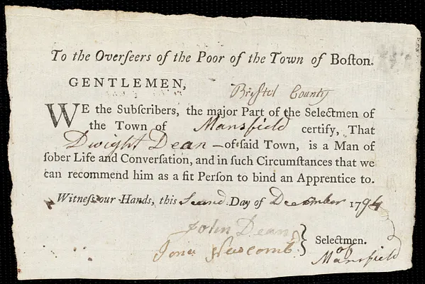 Ann Hartly indentured to apprentice with Dwight Dean of Mansfield, 20 January 1795