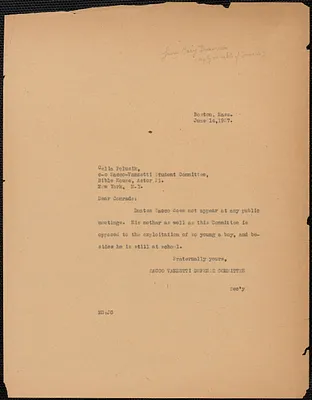 Mary Donovan (Sacco-Vanzetti Defense Committee) typed note (copy) to Celia Polisuk (Student Sacco-Vanzetti Committe), Boston, Mass., June 14, 1927