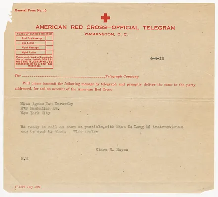 Telegram from Clara Noyes to Agnes von Kurowsky