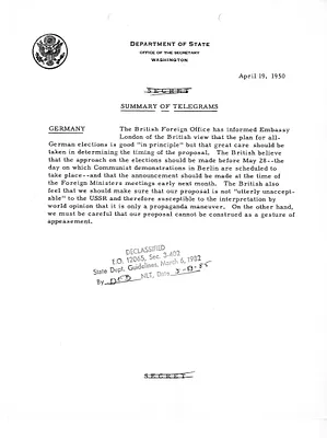 Memorandum, State Department Summary of Telegrams