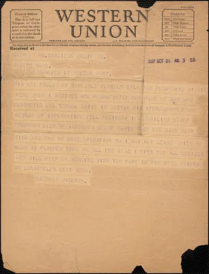 Gardner Jackson telegram to Joseph Moro, San Diego, Calif., October 24, 1927