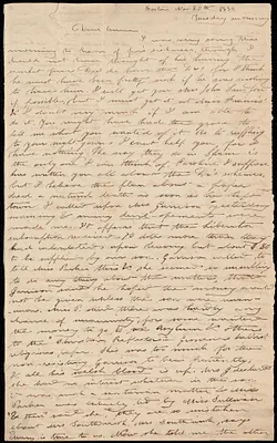 Incomplete letter from Debora Weston, Boston, [Mass.], to Anne Warren Weston, Nov. 20th, 1838, Tuesday morning