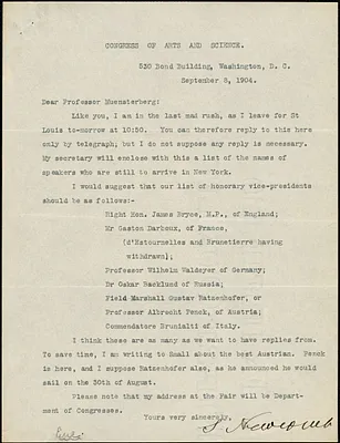 Newcomb, Simon, 1835-1909 typed letter signed to Hugo Münsterberg, Washington, 8 September 1904