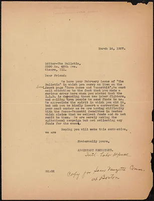 Rose Karsner (International Labor Defense) typed letter (copy) to Editor, The Bulletin, [Chicago Ill.], March 14, 1927
