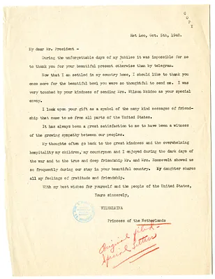 Copy of Letter from Queen Wilhelmina of the Netherlands to President Harry S. Truman