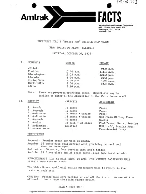 President Ford's "Honest Abe" Whistle-Stop Train from Joliet to Alton, Illinois, Saturday, October 16 [Schedule]