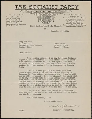 Bertha Hale White (The Socialist Party) typed letter signed to Mary Donovan, Chicago, Ill., November 3, 1924