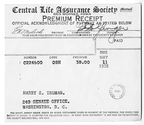 Premium Receipt from Central Life Assurance Society to Harry S. Truman