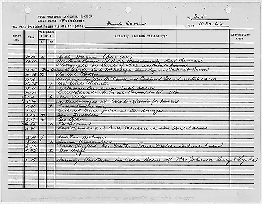 President's Daily Diary Entry, November 30, 1963