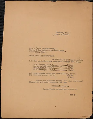 Sacco-Vanzetti Defense Committee typed letter (copy) to Felix Frankfurter, Boston, Mass., August 30, 1927