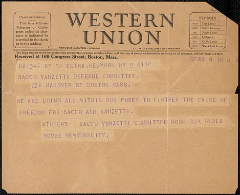 Student Sacco-Vanzetti Committee telegram to Sacco-Vanzetti Defense Committee, New York, N.Y., August 9, 1927