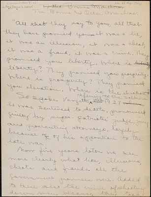 Gardner Jackson (in Mary Donovan's hand) autograph speech, approximately [August 22, 1932]: The bonus and other marchers