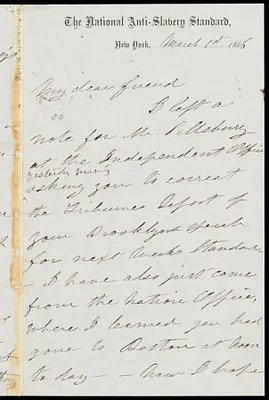 Letter from Susan Brownell Anthony, to William Lloyd Garrison, March 1st, 1866