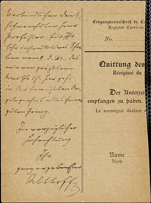 Althoff, Friedrich, 1839-1908 autograph note signed to Hugo Münsterberg
