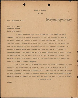 Fred H. Moore typed letter (copy) to E[lizabeth] G[lendower] Evans, Boston, Mass., August 13, 1923