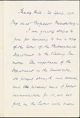 Norton, Charles Eliot, 1827-1908 tautograph letter signed to Hugo Münsterberg, Cambridge, Mass., 20 April 1901