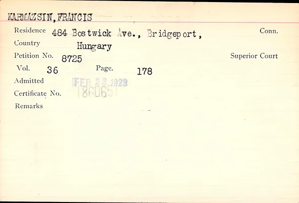 Fairfield County Superior Court and Fairfield County Court of Common Pleas, Index to Records of Naturalization, 1839-1955, Karmazsin-Kemmey