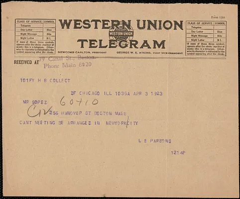 Lucy E. Parsons telegram to Frank R. Lopez, Chicago, Ill., April 3, 1923