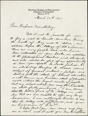 Creighton, James Edwin, 1861-1924 autograph letter signed to Hugo Münsterberg, Ithaca, N.Y., 25 March 1907