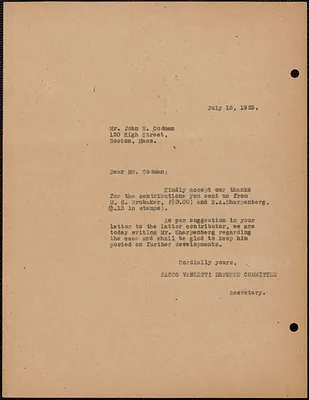 Sacco-Vanzetti Defense Committee typed note (copy) to John S. Codman, Boston, Mass., July 15, 1925