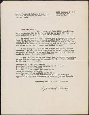 Leonard Craig (Sacco-Vanzetti Defense Committee of Western Pennsylvania) typed letter signed to Joseph Moro (Sacco-Vanzetti Defense Committee), Pittsburgh, Pa., July 27, 1927