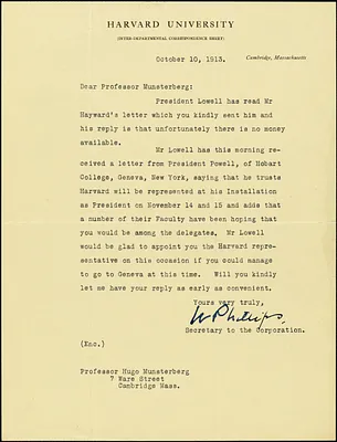 Phillips, William, 1878-1968 typed letter signed to Hugo Münsterberg, Cambridge, Mass., 10 October 1913