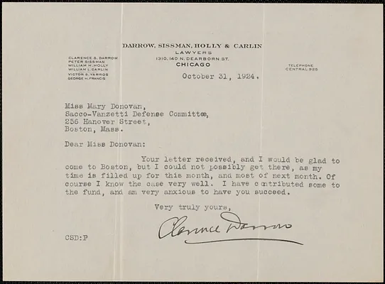 Clarence Darrow typed letter signed to Mary Donovan, Chicago, Ill., October 31, 1924