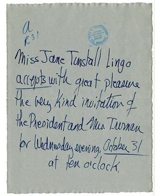 Invitation Reply from Miss Jane Lingo to the White House Social Office