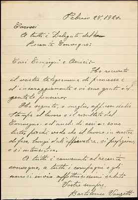 Bartolomeo Vanzetti autographed note signed to Delegates of Recent Convention, [Charlestown], 28 February 1924