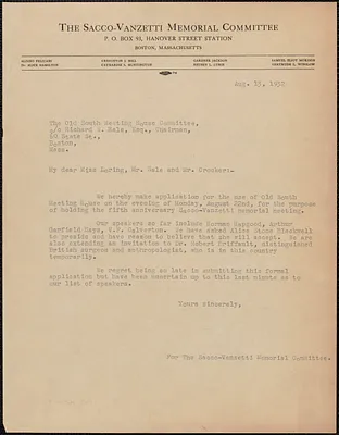 [Creighton J. Hill] typed letter Ms. Loring, Mr. Hale and Mr. Crooker (The Old South Meeting House Committee), [Boston, Mass.], August 13, 1932