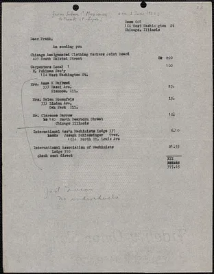 Selma C. Maximon typed note to Frank R. Lopez, [Chicago, Ill.], approximately [June 1, 1922]