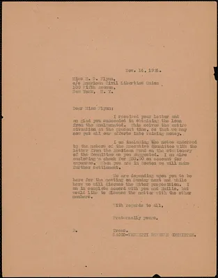 Sacco-Vanzetti Defense Committee typed letter to Elizabeth Gurley Flynn (American Civil Liberties Union), Boston, Mass., November 14, 1924