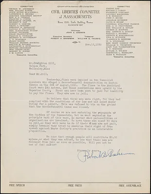 Robert A. Bakeman (Civil Liberties Committee of Massachusetts) typed letter to Creighton [J.] Hill, Boston, Mass., 13 November 1930