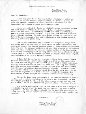 Memorandum from Edwin Locke to Matthew Connelly, with Attached Letter from Chiang Kai-Shek to President Harry S. Truman, with Related Material
