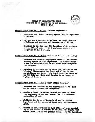 Report, Resume of Reorganization Plans Proposed to be Transmitted to the Congress