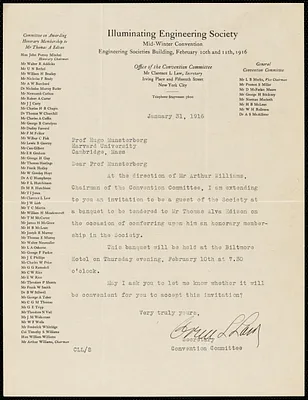 Law, Clarence L., fl. 1916 typed letter signed to Hugo Münsterberg, New York, 31 January 1916