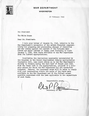 Letter from Secretary of War Robert Patterson to President Harry S. Truman