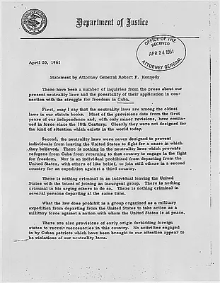 Robert F. Kennedy Statement on Cuba and Neutrality Laws April 20, 1961