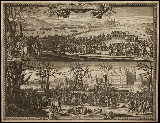 Delineatio Pompæ qua Ser. Sueciæ Rex a Ser. Daniæ Rege exceptus et in arcem Fridericiburgum deductus fuit. die 3 Martij an. 1658 ; Tabula exhibens discessum Ser. Regis Sueciæ a Ser. rege Daniæ d. 4 Martij an. 1658