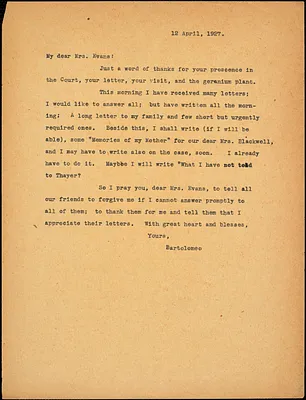 Bartolomeo Vanzetti typed letter (copy) to Elizabeth Glendower Evans, [Dedham], 13 April 1927