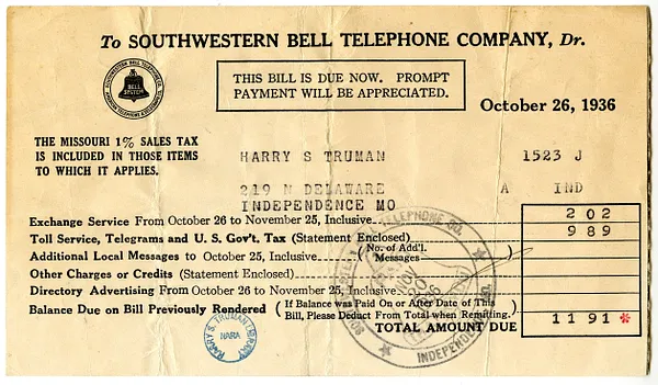Bill from Southwestern Bell Telephone Company to Harry S. Truman