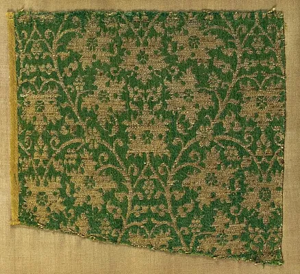 Lampas with scrolling vines and grape leaves