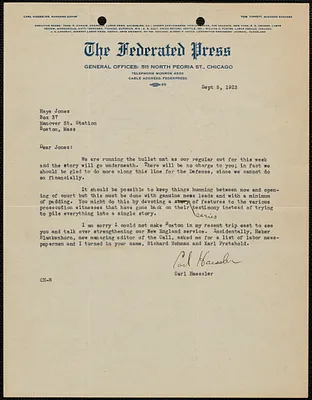 Carl Haessler (The Federated Press) typed letter signed to Hays Jones, Chicago, Ill., September 5, 1923