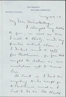 Bakewell, Charles M. (Charles Montague), 1867-1957 autograph letter signed to Hugo Münsterberg, New Haven Conn., 26 May 1908